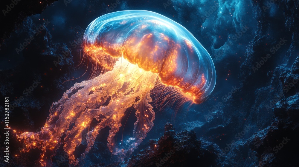 Naklejka premium A vibrant jellyfish illuminated in deep ocean waters, showcasing bioluminescence.