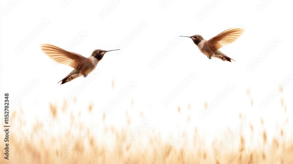Obraz premium Two birds are gracefully flying against a soft, blurred background of tall grass, showcasing their delicate wings and natural beauty.