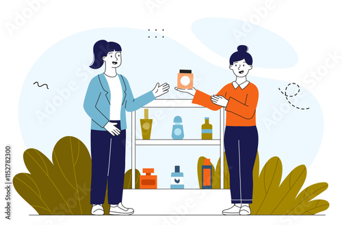 People near stand with cosmetics. Women near natural cosmetic products. Creams and lotions, cologne. Skincare and beauty treatment. Oil and moisturizer. Linear vector illustration