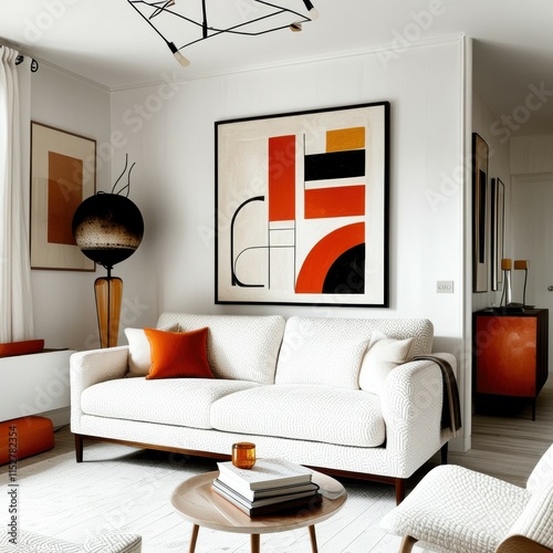 Modern minimalist living room, abstract geometric artwork, white sofa, orange accent pillows, wooden side table, round coffee table, textured white walls, natural light, mid-century modern style, clea photo