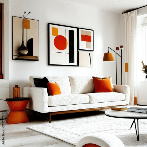 Modern minimalist living room, abstract geometric artwork, white sofa, orange accent pillows, wooden side table, round coffee table, textured white walls, natural light, mid-century modern style, clea photo