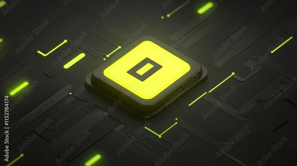Fototapeta premium Striking yellow square button on black, a graphic design element for modern ui yellow