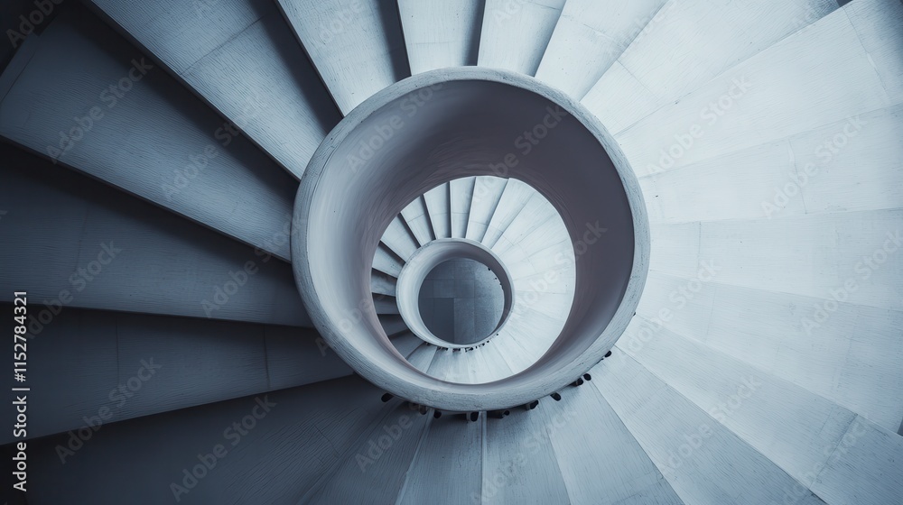 Fototapeta premium A spiral staircase with sleek, modern design, showcasing smooth curves and a minimalist aesthetic, draws the eye upward in a captivating pattern.