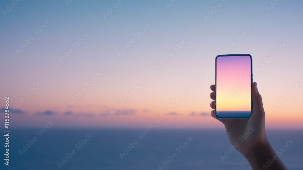 Fototapeta premium A hand holds a smartphone against a serene sunset sky, blending hues of pink, purple, and blue over the calm ocean water.