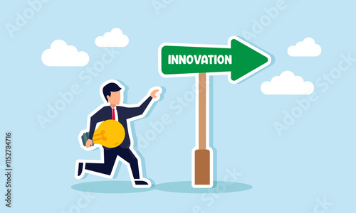 A businessman runs following a lamp and an arrow labeled INNOVATION, illustration of guidelines for achieving business ideas and innovation