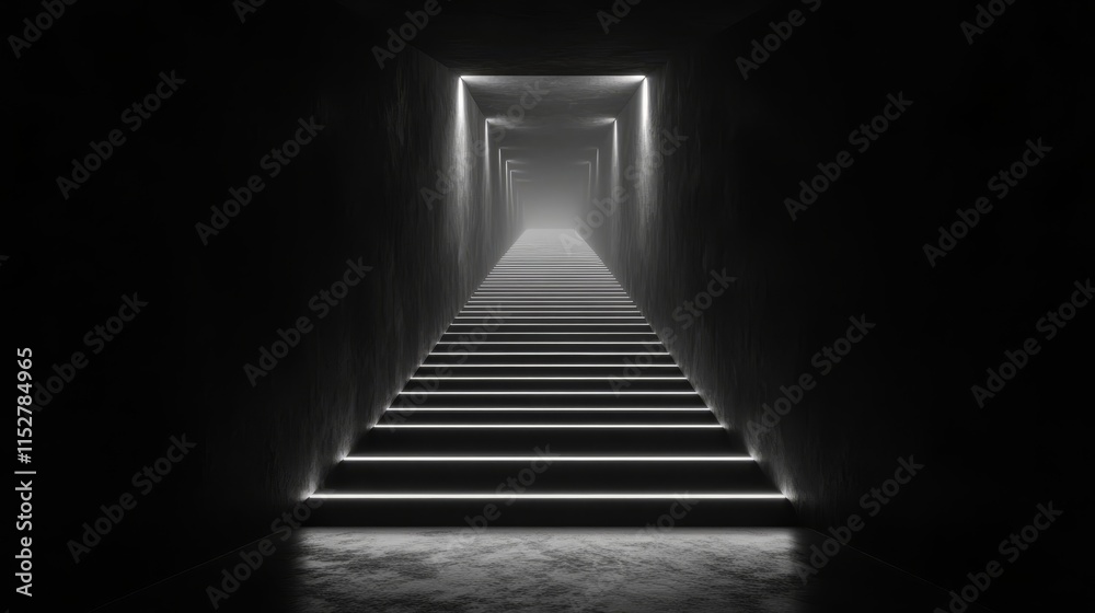 Illuminated ascent, a journey from the dark hallway to the light through the staircase of hope Illuminated ascent, a journey from the dark hallway to the light through the staircase of hope