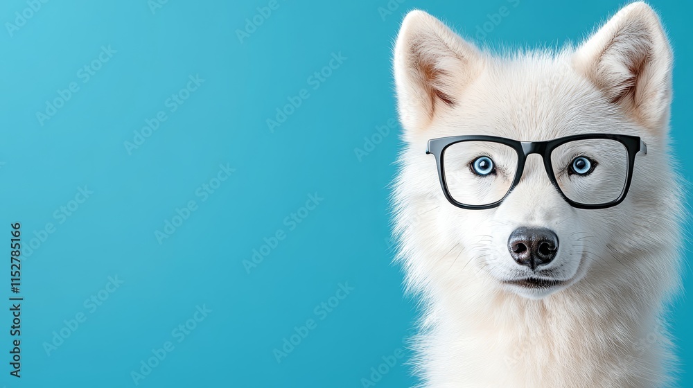 Obraz premium Charming white dog with glasses posing against a vibrant blue background, studio portrait