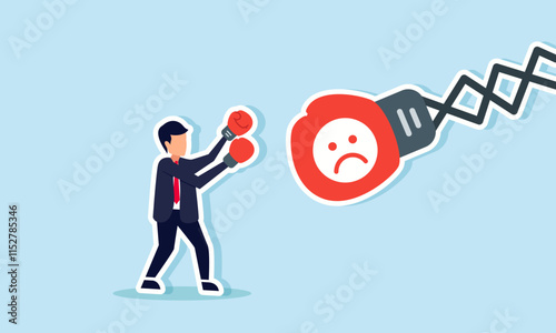 A businessman wearing boxing gloves punches a punching bag labeled with a sad emoticon, illustration of tackling declining market attention to business products