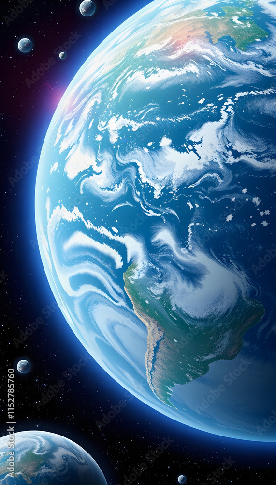 Fototapeta premium An imaginary view of planet Earth in outer space. View from space, clipart style, with white tones