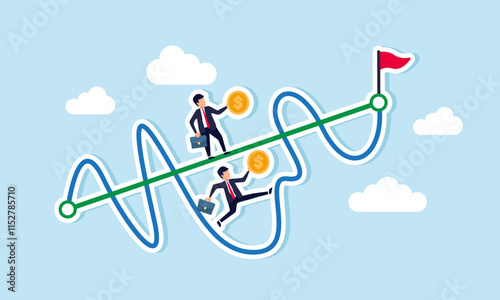 Two businessmen carrying dollar coins race, one on a straight graph and the other on a fluctuating graph, aiming for a flagpole, illustration of financial business