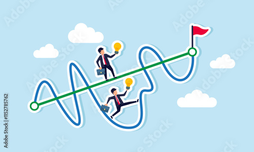 Two businessmen carrying lamps race, one on a straight graph and the other on a fluctuating graph, aiming for a flagpole, illustration of business competition in innovation