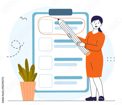 Task priority concept. Woman with large pencil near clipboard with goals and tasks. Time management and organization of effective workflow. Planning and setting deadlines. Linear vector illustration