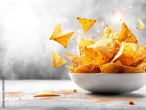 Overflowing bowl of crispy chips, a delicious snack for every occasion overflowing photo