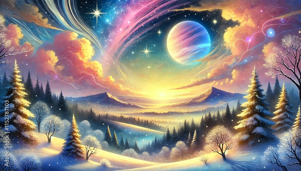 Fototapeta premium A Fantastical Winter Evening Landscape with a Glowing Starry Sky and Enchanting Planetary Touch