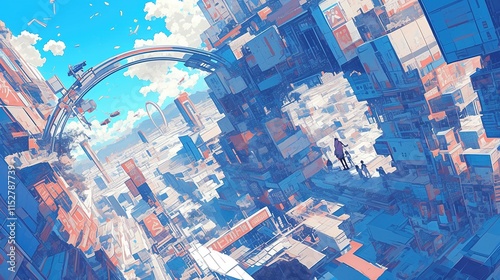 Futuristic city landscape with a man overlooking the cityscape from a high vantage point, under a bright sky.