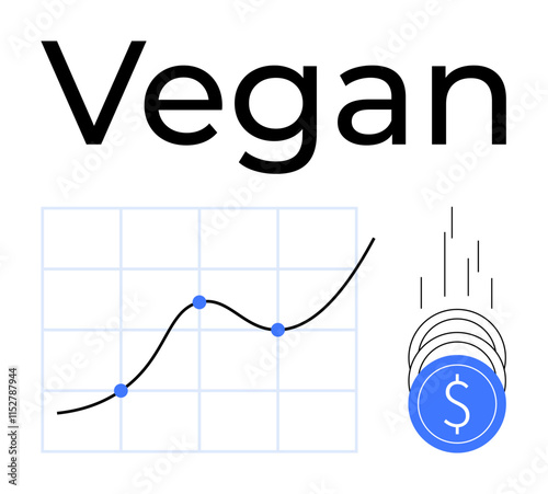 Word Vegan above line graph indicating growth with four data points and coins with dollar signs falling. Ideal for economic reports, market analysis, investment insights, financial trends, vegan