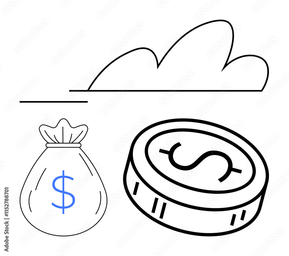 Coin and money bag with dollar sign, cloud outline in background. Ideal for finance, digital banking, online transactions, savings, investments, cloud storage fintech concepts. Line metaphor Coin and money bag with dollar sign, cloud outline in background. Ideal for finance, digital banking, online transactions, savings, investments, cloud storage fintech concepts. Line metaphor