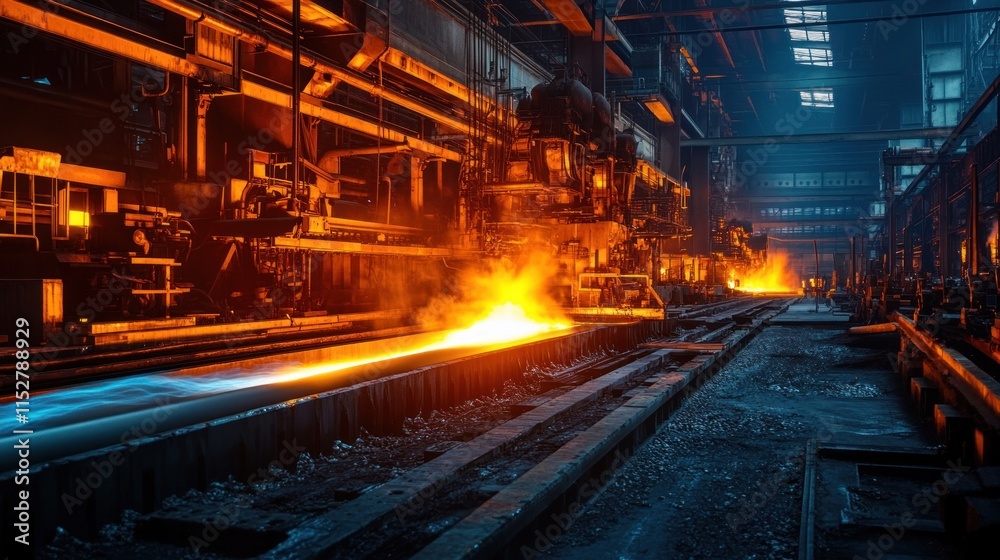 Fototapeta premium A pipe factory at night, illuminated by floodlights, the glow of molten metal visible inside 