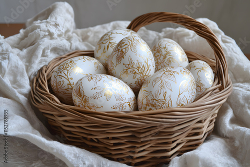 Hand-painted Easter eggs with elegant gold accents, arranged in a vintage wicker basket photo