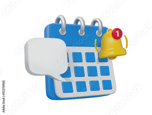 3D rendered vector illustration of a calendar icon with notifications and message boxes. represents time management Important events With bells with numbers Isolated on transparent background.