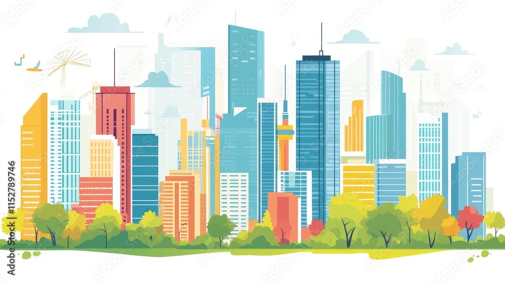 A colorful city skyline with modern buildings and green trees in the foreground. A colorful city skyline with modern buildings and green trees in the foreground.