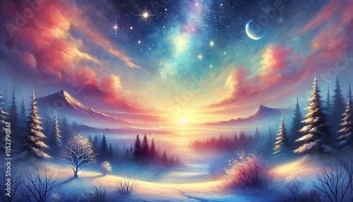 Wallpaper Mural A Serene Winter Evening Blending into a Mystical Fantasy Realm with a Radiant Starry Sky and Enchanting Pastel Glow Torontodigital.ca