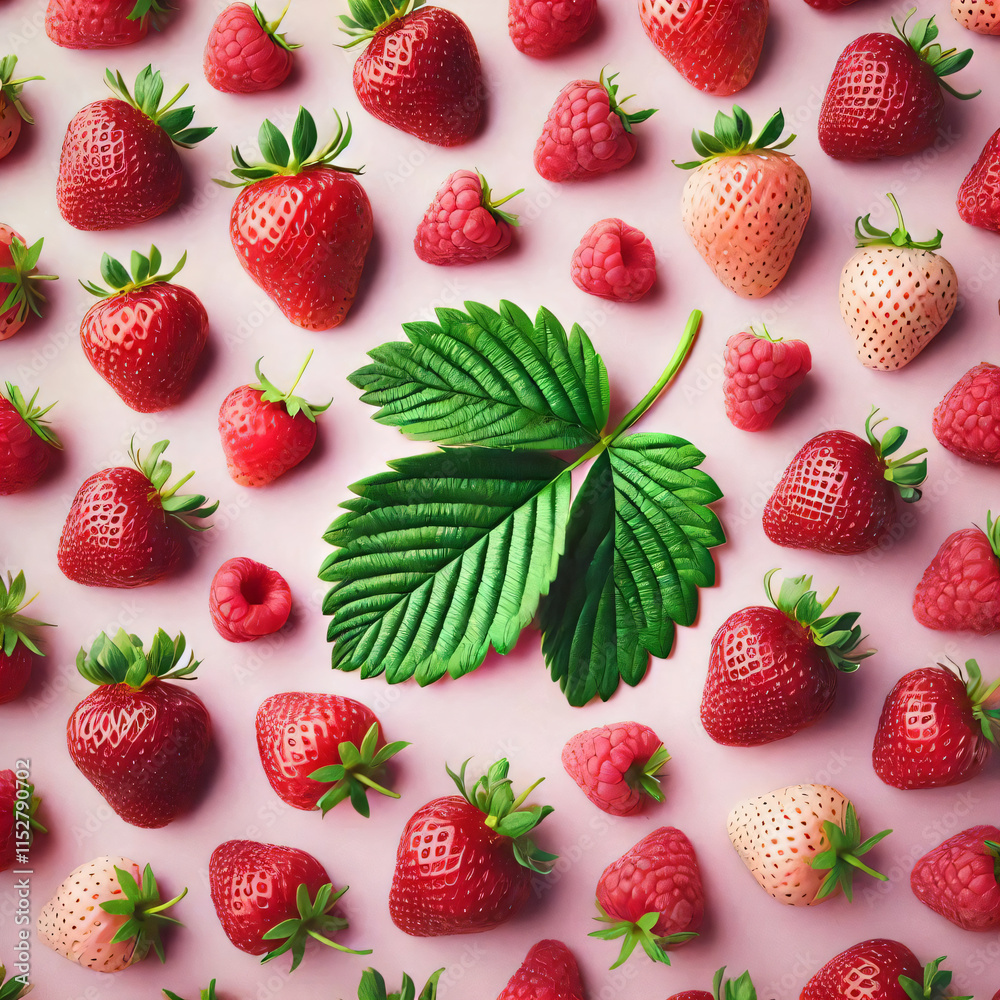 Creative neatly arranged food layout with raspberries and green leaf strawberry on pink background. Minimal healthy food concept. Flat lay. Creative neatly arranged food layout with raspberries and green leaf strawberry on pink background. Minimal healthy food concept. Flat lay.