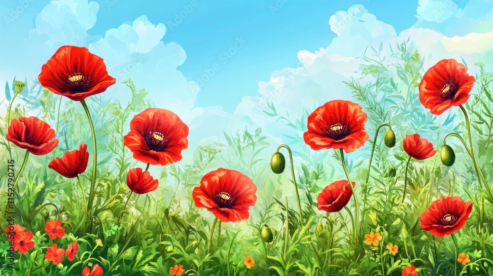 Fototapeta premium Vibrant red poppies in a sunny field.