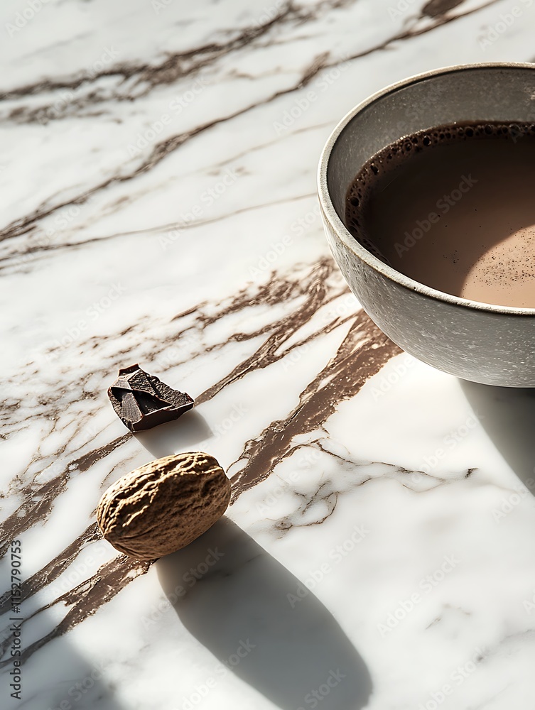 Fototapeta premium Close-up Photo: Warm Chocolate Drink and Treats Resting on Marble Surface. AI Generated