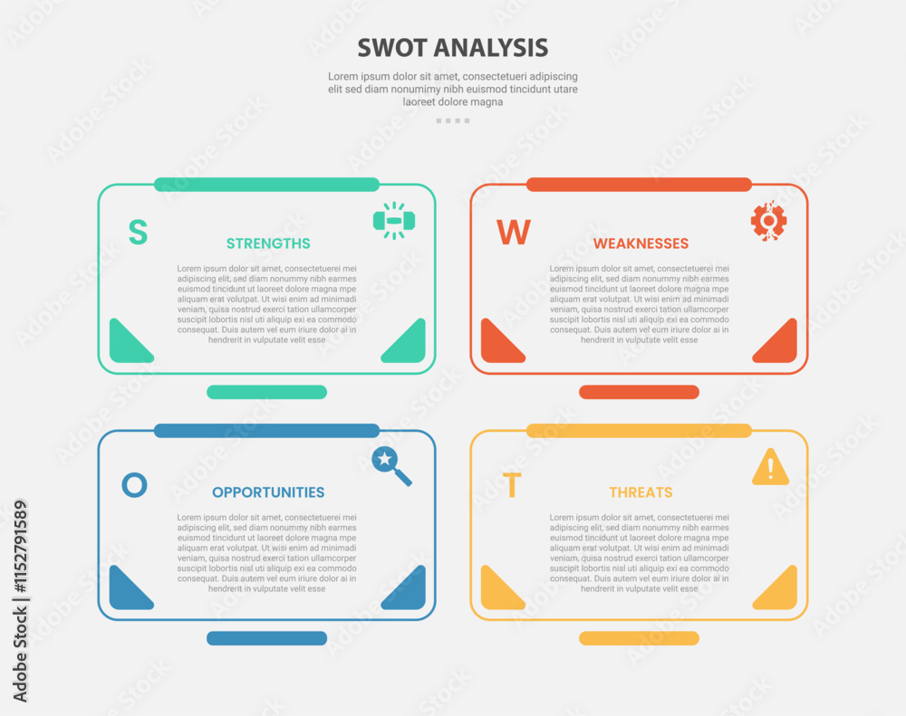 SWOT analysis infographic outline style with 4 point template with round rectangle box with full accessories badge for slide presentation