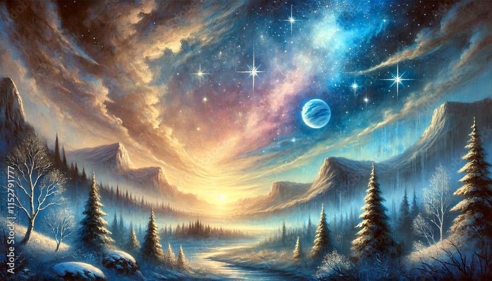 Obraz premium A horizontal painting of a serene winter evening transitioning into a whimsical starry sky, showcasing a vibrant blend of pastel and fantastical hues