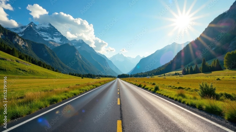Naklejka premium Asphalt ribbon unwinding towards majestic snow-capped peaks under a vibrant sun, flanked by verdant meadows and serene mountain slopes.