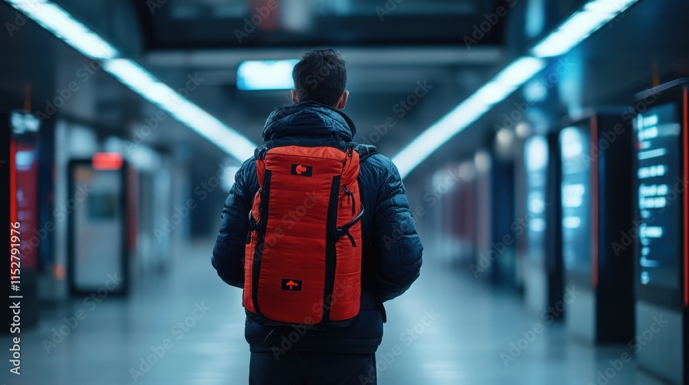 Young Traveler with Red Backpack in Urban Subway Station During Evening Hours Young Traveler with Red Backpack in Urban Subway Station During Evening Hours