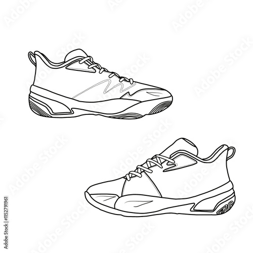 Template vector basketball shoe sneaker non-slip, suitable for your custom basketball shoes. Outline vector doodle illustration, side views. Isolated with a white background.