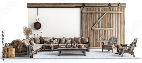 Cozy living room in the woods with a wooden sectional sofa chairs a large coffee table and a fullsize wooden farm door all situated on a bright white background photo