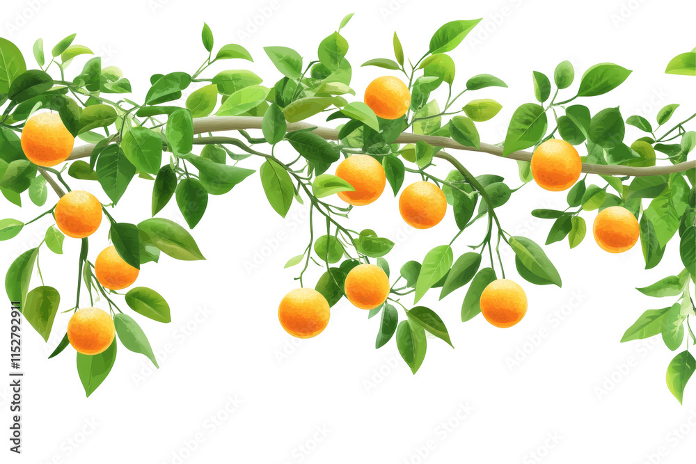 Detailed illustration of an orange tree branch with a vibrant cluster of ripe oranges Detailed illustration of an orange tree branch with a vibrant cluster of ripe oranges