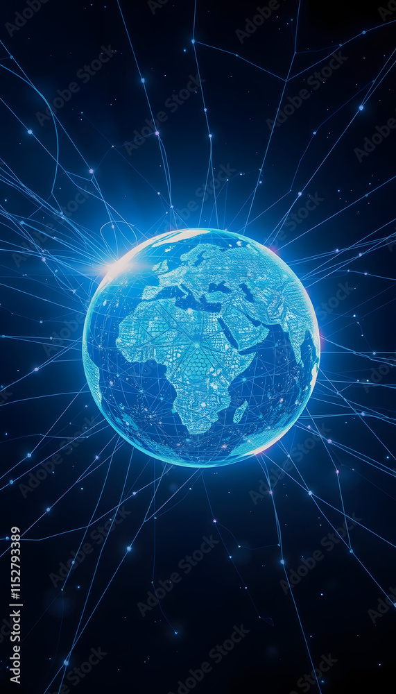Obraz premium Glowing digital earth with abstract lines of connectivity floating in space to symbolize the vast network of internet communication, dramatic atmosphere, with white tones