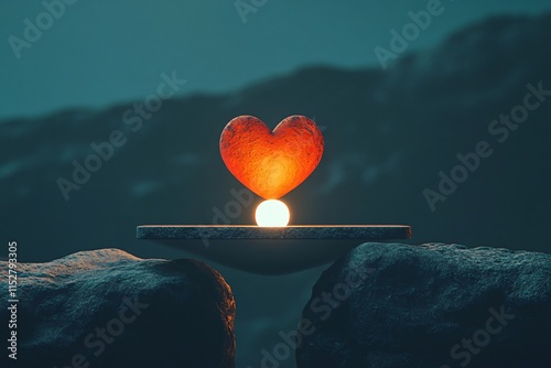 Stunning 3D Illustration of Scale Balancing Glowing Heart and Light Orb photo