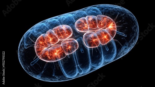 3D illustration of a human cell structure, showcasing nucleus, mitochondria, and membrane with detailed textures 