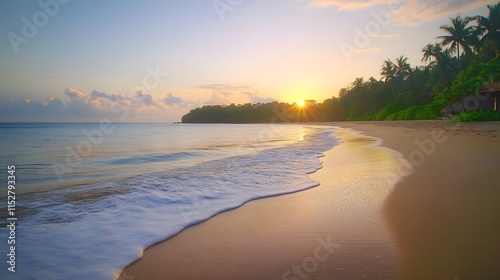 Golden sunrise reflects on soft waves at a pristine beach, capturing the serene beauty of a tranquil morning by the shore.