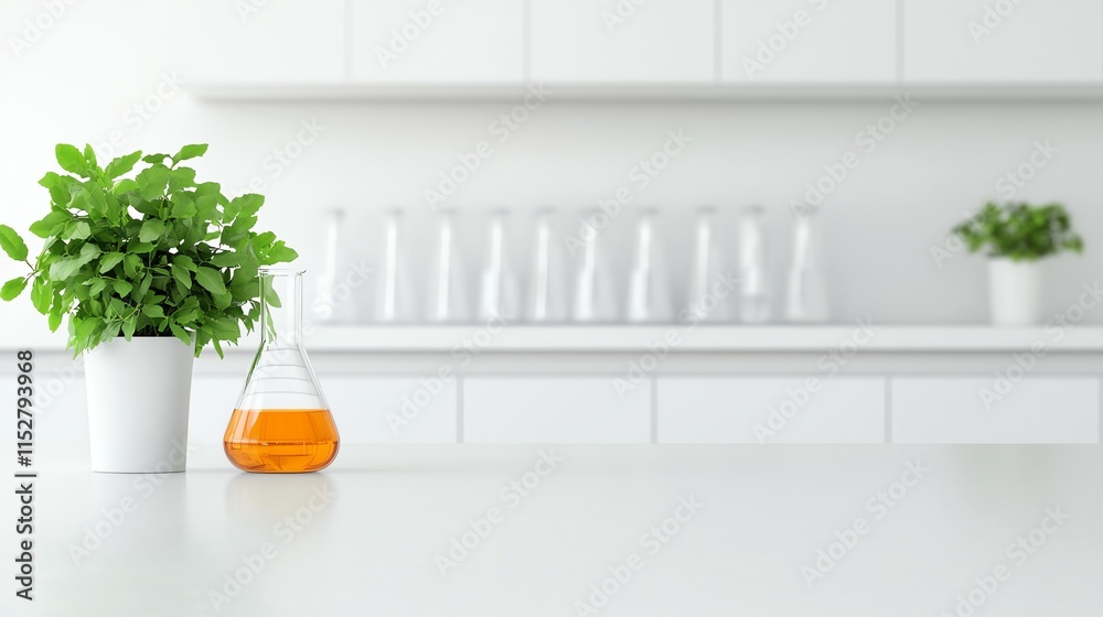 A clean laboratory setting featuring a plant and a flask with orange liquid, emphasizing a blend of nature and science. A clean laboratory setting featuring a plant and a flask with orange liquid, emphasizing a blend of nature and science.