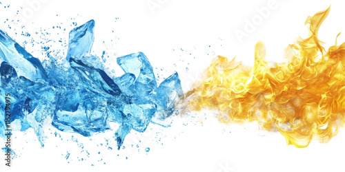 Dynamic and contrasting image of blue ice and yellow flames splashing, isolated on white
