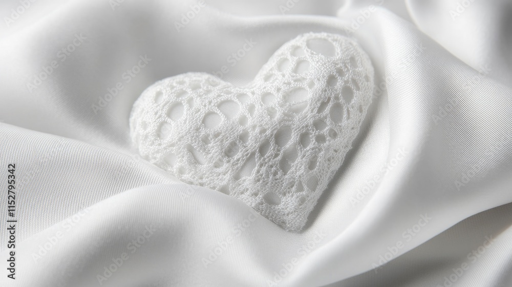 Fototapeta premium Delicate white lace heart resting on soft white satin fabric, evoking feelings of love and elegance in a serene setting
