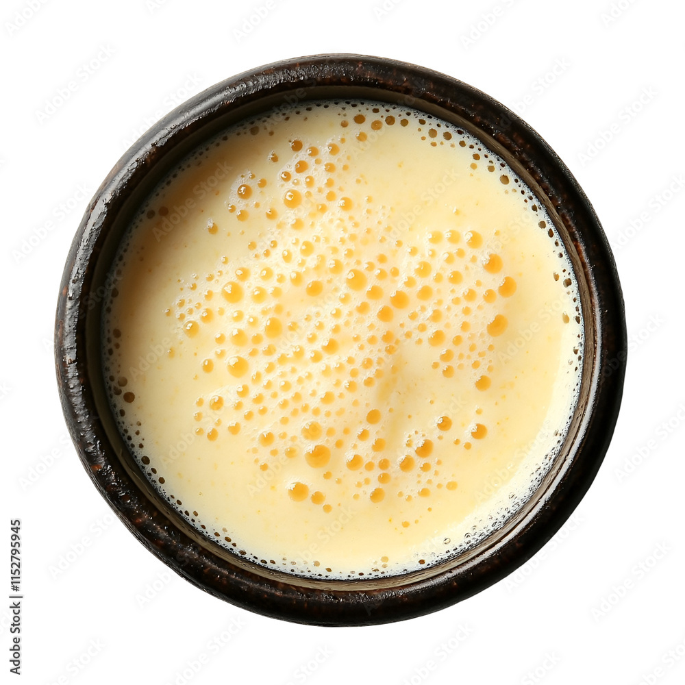 Extreme top view of extremely perfect looking Chinese Ginger Milk Pudding on a dark crockery, isolated on a white transparent background