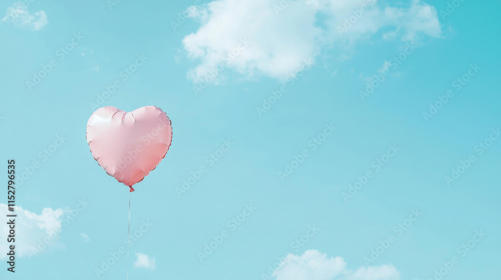 Obraz premium pink heart shaped balloon floats peacefully in bright blue sky with soft clouds