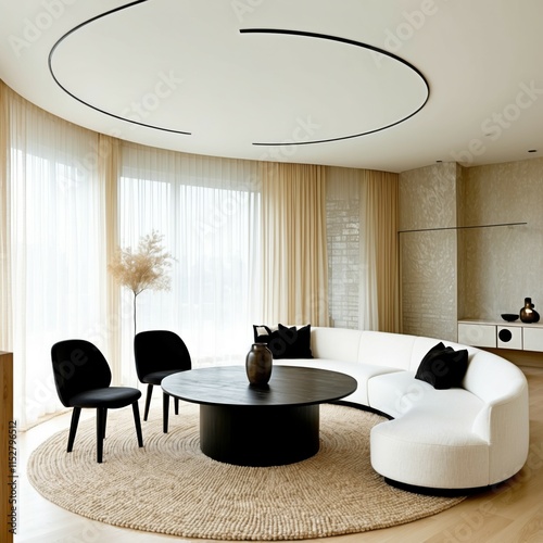 Luxurious minimalist dining room, curved walls, floor-to-ceiling windows, sheer curtains, round black dining table, modern black chairs, large white curved sofa, neutral color palette, beige rug, drie photo