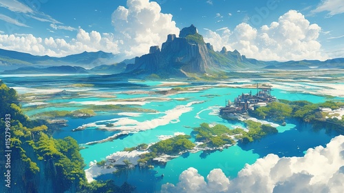 Panoramic view of a fantasy island with turquoise waters, lush greenery, and a majestic mountain in the background under a bright sunny sky.