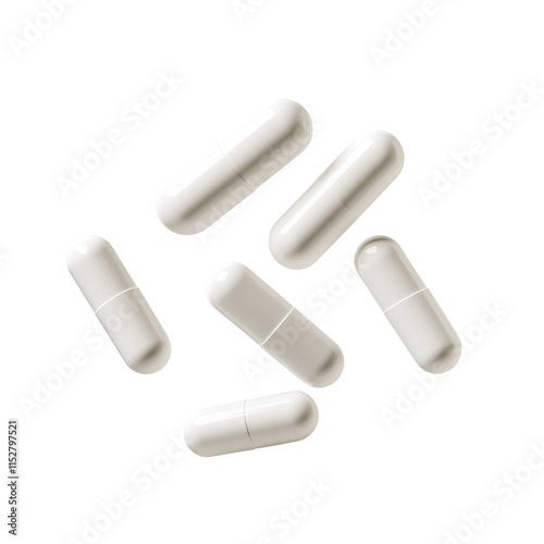 white pills floating in the air isolated transparent background