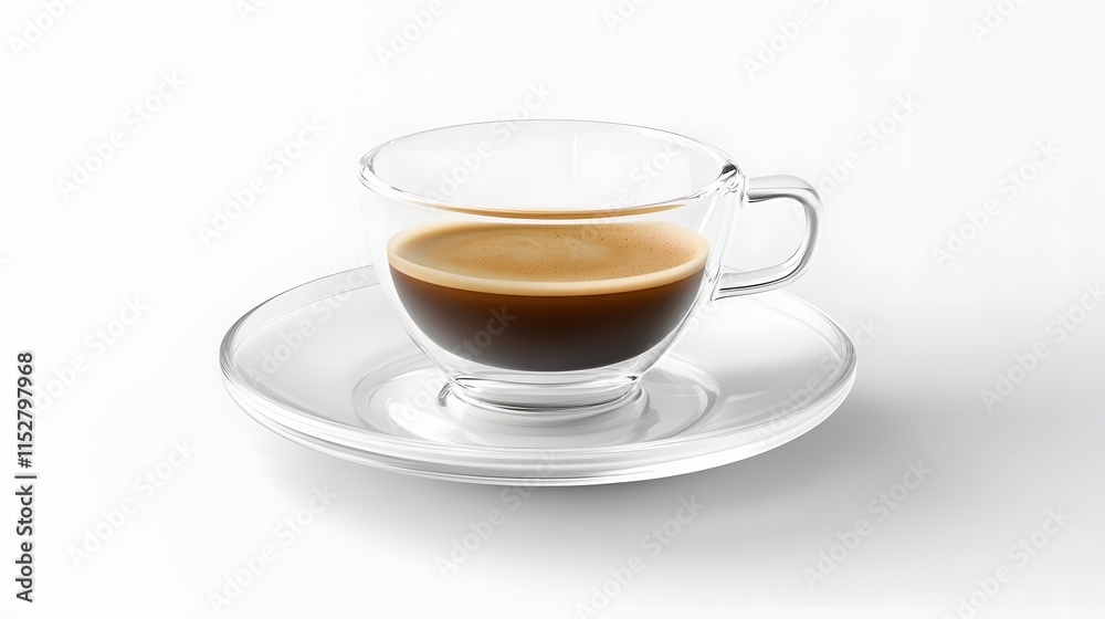 A freshly brewed espresso coffee in a glass cup, placed on a white saucer A freshly brewed espresso coffee in a glass cup, placed on a white saucer