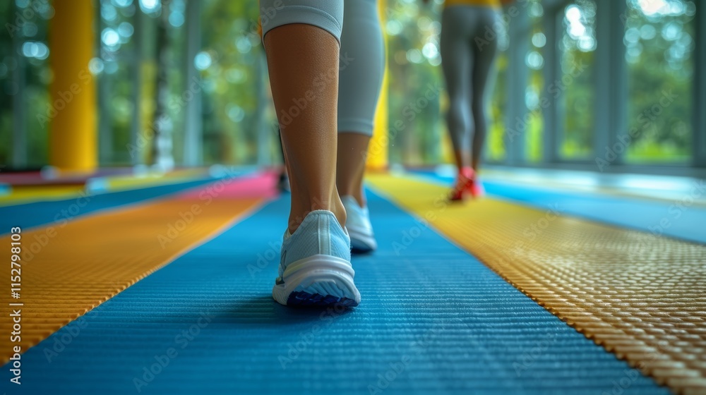 Women's legs in sneakers walking on a colorful track. Women's legs in sneakers walking on a colorful track.